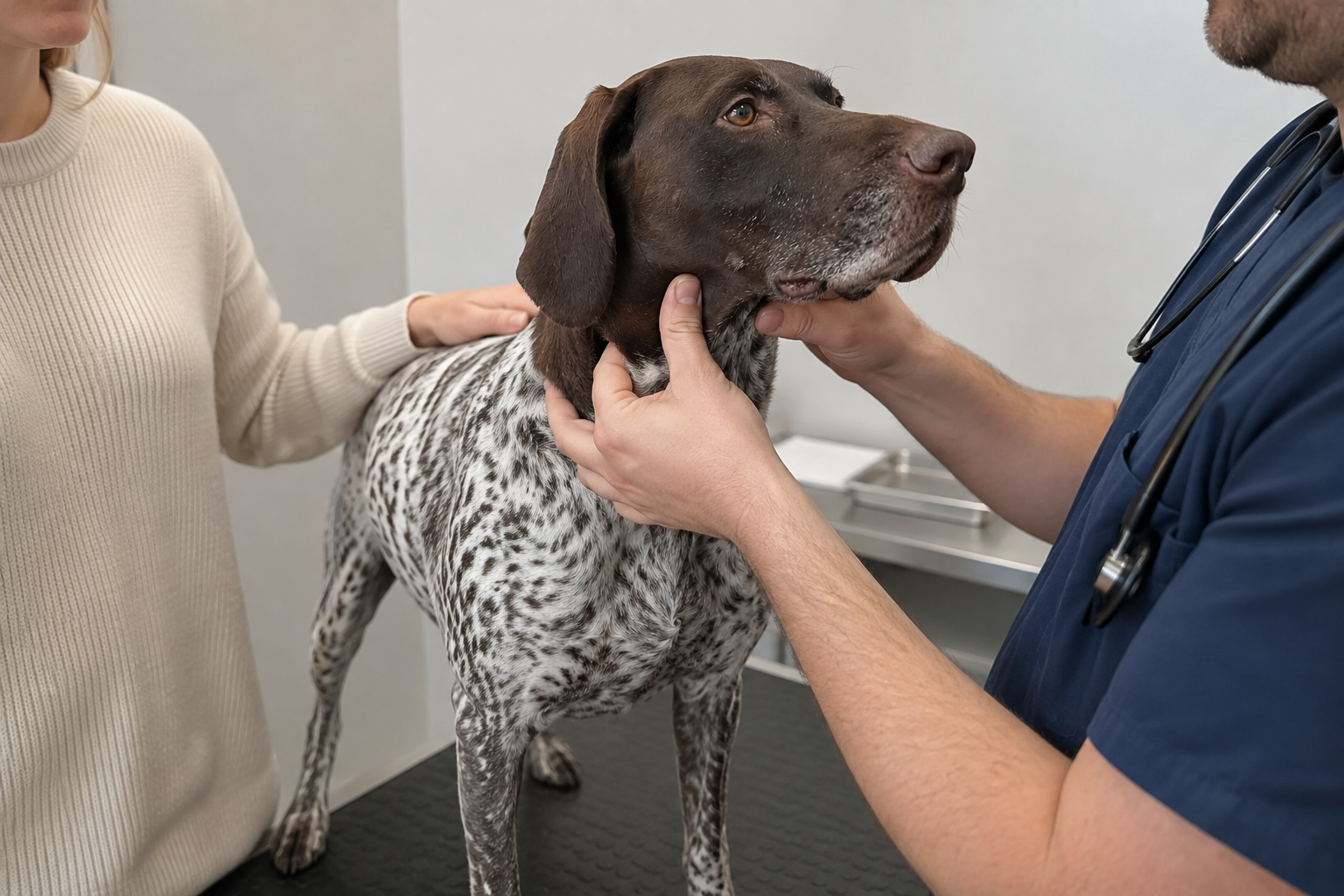 Veterinářka pohmatem kontroluje mízní uzliny na krku psa
